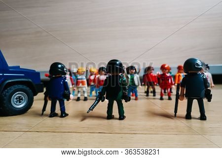 Madrid, Spain - July 13, 2019: Playmobil Figurines In Scene Representing Antiriot Police Standing Ag