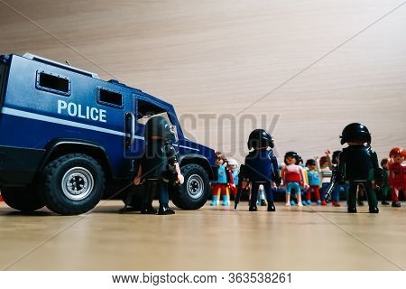 Madrid, Spain - July 13, 2019: Playmobil Figurines In Scene Representing Antiriot Police Standing Ag