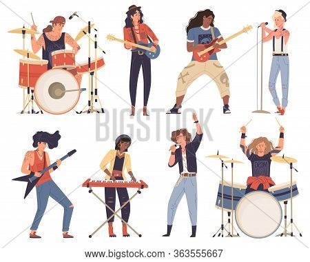 Afro-american, Caucasian Men, Woman, Musicians Playing Musical Instruments: Drums, Guitar, Electric 