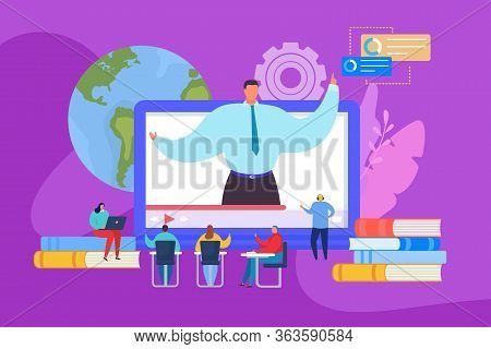Online Webinar Coaching, Vector Illustration. Training Employees Team, Learning Video On Large Compu