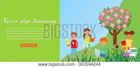 Kids Reading Books In Park Web Banner For Love To Study And Literature Cartoon Vector Illustration. 