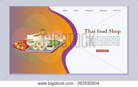 Thai Food Shop And Cuisine Vector Illustration With Tom Yam Goong, Asian Food , Thailand Seafood Dis