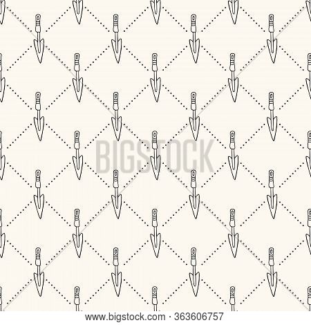 Seamless Vector Pattern With Garden Showel And Dotted Lines, Spring Illustration, Hand Drawn Gardeni