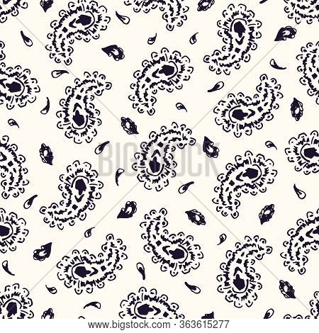 Hand-drawn Artistic Ink Black, White Paisley Swirls Vector Seamless Pattern. Boho Traditional Ethnic