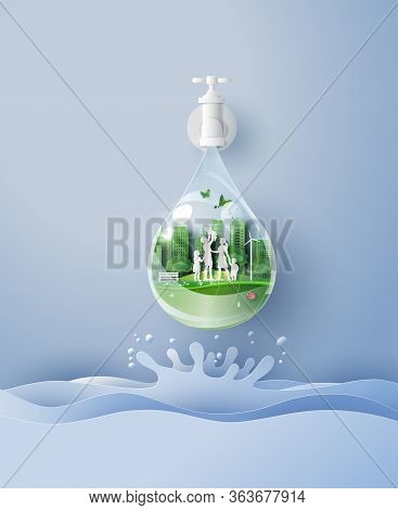 Concept Of Ecology And Wolrd Water Day . Paper Art And Digital Craft Style.