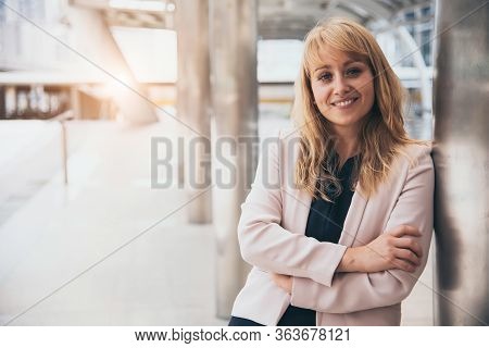 Happy Beautiful Smiling Business Woman At Outside Of Office Background. Ceo Manager Businesswoman In