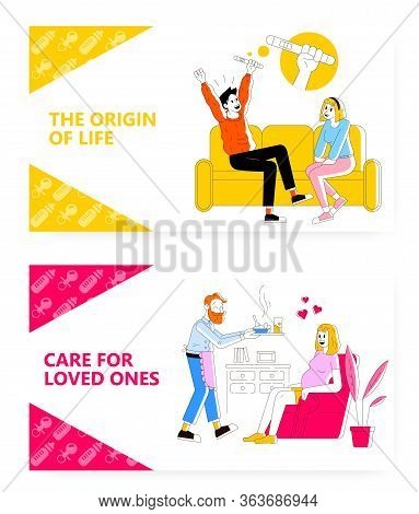 Happy Man Just Found Pregnancy Test Result. Husband Take Care His Pregnant Wife. Happy Family Concep