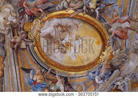 Urbino,  Italy - January 3, 2019: Crystal Chandelier At The Oratorio Di Santo Giuseppe Or Oratory Of