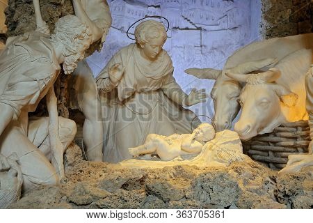 Urbino, Italy - March 24, 2019:  The Nativity Of Brandani In The Oratory Of San Giovanni Battista In