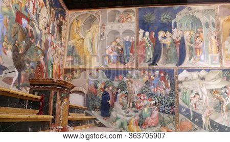 Urbino, Italy - March 24, 2019:  The Wonderful Frescoes Of The Life Of Christ In The Oratory Of San 