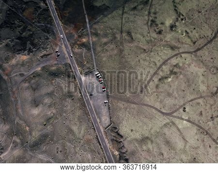 Top Down Aerial View Of A Desert Volcanic Soil Surface On The Island Of Lanzarote, Canary.