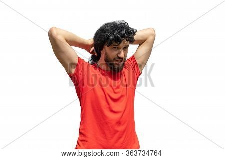 Handsome Bearded Man Removes Long Curly Hair From Behind Isolated On White. John Snow. Exotic Hair-d