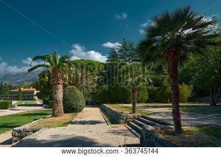 Przno, Montenegro - August 12, 2017: View Of Milocer Park And Villa Milocer In Montenegro On The Adr