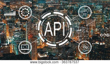 Api - Application Programming Interface Concept With Downtown Chicago Cityscape Skyscrapers