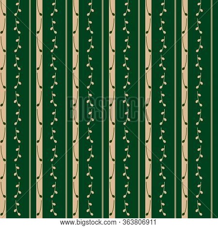 Pattern With Stripes And Floral Patterns, Beige On Green