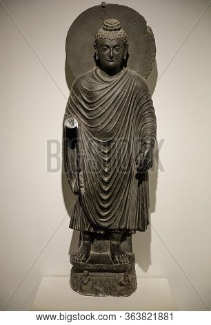 Greco-buddhist Statue Of Standing Buddha From Gandhara, In The National Museum Of India