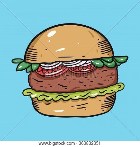 Burger With Tomato, Shredded Lettuce And Onion. Colorful Vector Illustration In Flat Cartoon Style. 