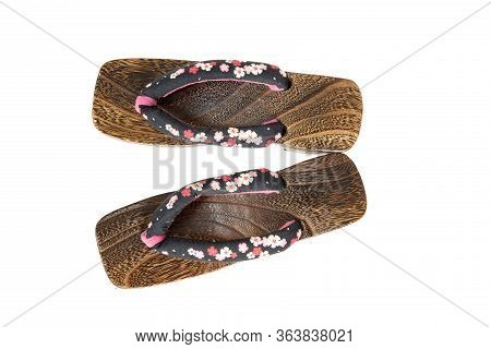 Japanese Traditional Geta Sandal, Isolated On White. Traditional Japanese Asian Wood Footwear Called