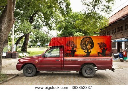 Ratchaburi, Thailand - September 24 : Pickup Car With Nang Yai Wat Khanon Shadow Puppets Play Advert