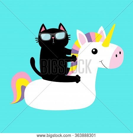 Black Cat Floating On White Unicorn Pool Float Water Circle Icon. Swimming Pool Water. Sunglasses. L
