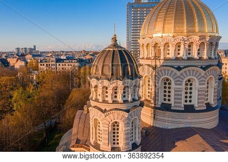 Aerial Top View Of Riga Nativity Of Christ Cathedral - Famous Church And Landmark Of Latvia. Golden 