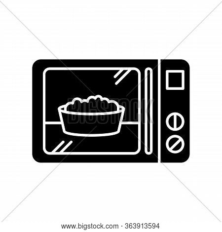 Ready Meal Black Glyph Icon. Microwave Food. Heated Popcorn In Bowl. Meal Preparation. Kitchenware E