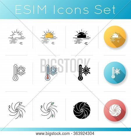 Meteorological Forecast Icons Set. Linear, Black And Rgb Color Styles. Weather Prediction Science, N