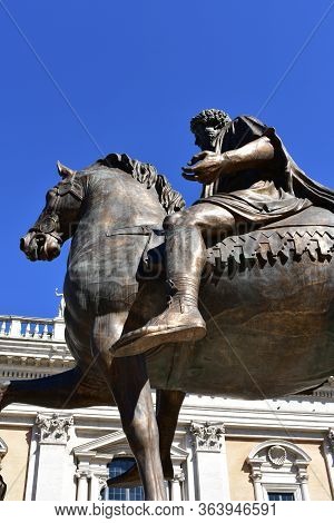 Rome, Italy. October 9, 2019. Marcus Aurelius Equestrian Bronze Statue Replica Located At Piazza Del