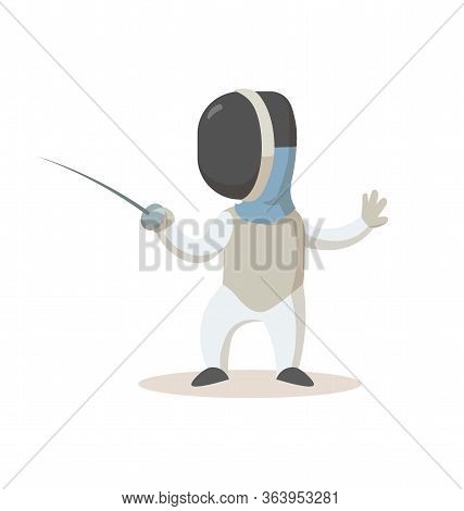 Young Fencer With Sword, Cartoon Character Standing. Sport And Fitness. Cartoon Vector Flat Illustra
