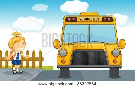 illustration af pige og skolebus i naturen