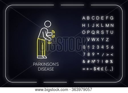 Parkinsons Disease Neon Light Icon. Movement Difficulty. Shaking, Rigidity. Parkinsonian Syndrome. M