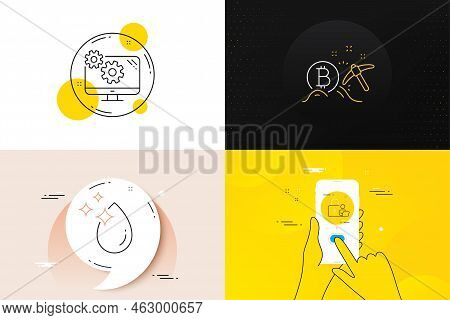 Minimal Set Of Water Drop, Settings And Lock Line Icons. Phone Screen, Quote Banners. Bitcoin Mining