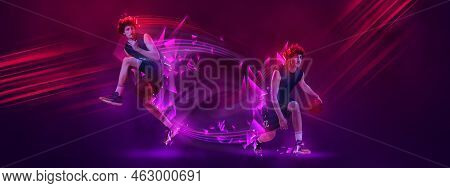 Sport Poster With Young Professional Basketball Players In Motion With Basketball Ball Over Dark Bac