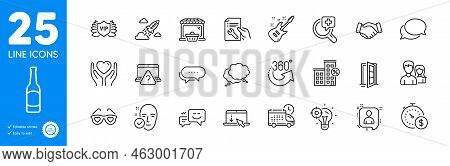 Outline Icons Set. Loan House, Scroll Down And Medical Analyzes Icons. Speech Bubble, Messenger, Hol