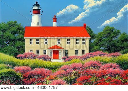 Nobska Light And Red Roof House In Woods Hole