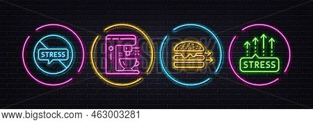 Coffee Maker, Food Delivery And Stop Stress Minimal Line Icons. Neon Laser 3d Lights. Stress Grows I