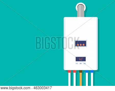 Gas Boiler With Burner. Water Heater. Home Furnace Isolated On Green Background. System Of Combi Hea