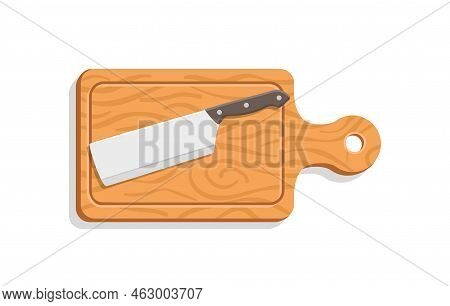 Knife With Cutting Board. Wood Plate For Prepare Of Food In Kitchen. Wooden Board For Cook Cut Of Fr