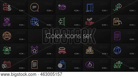 Set Of File, Sign Out And Food Delivery Line Icons. Include Buildings, Text Message, Discounts Calen