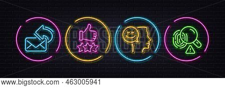 Good Mood, Rating Stars And Share Mail Minimal Line Icons. Neon Laser 3d Lights. Fingerprint Icons. 