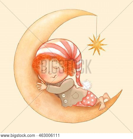 Sleeping Little Gnome With Moon And Star. Beautiful And Cozy Illustration