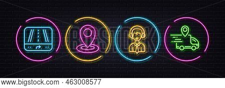 Gps, Location And Shipping Support Minimal Line Icons. Neon Laser 3d Lights. Delivery Truck Icons. F