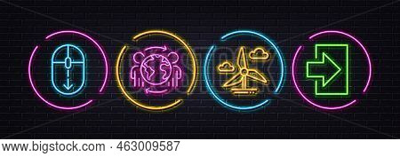 Scroll Down, Global Business And Windmill Turbine Minimal Line Icons. Neon Laser 3d Lights. Login Ic