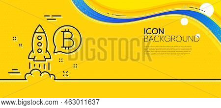 Bitcoin Line Icon. Abstract Yellow Background. Cryptocurrency Startup Sign. Crypto Rocket Symbol. Mi