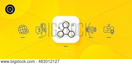 Chemistry Molecule, Money Currency And World Medicine Minimal Line Icons. Yellow Abstract Background