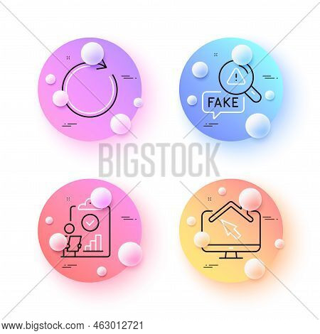 Inspect, Fake News And Work Home Minimal Line Icons. 3d Spheres Or Balls Buttons. Synchronize Icons.