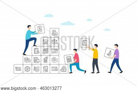Accounting Line Icons. People Team Work Concept. Set Of Calculator, Check Investment And Report Icon