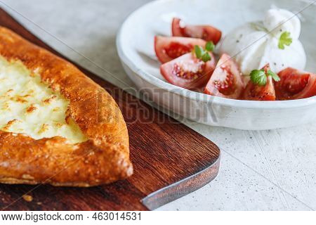 Traditional Turkish Baked Pide Dish. Middle Eastern Snacks. Turkish Pizza. Turkish Pide With Cheese 