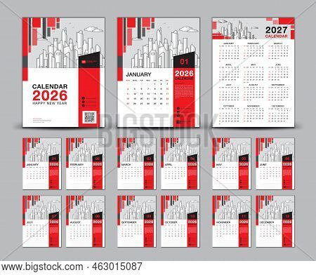 Calendar 2026-2027 Design Set And Red Cover Calendar 2027 Template, Week Starts Sunday, Wall Calenda