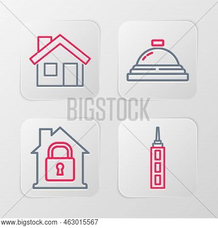 Set Line Skyscraper, House Under Protection, Hotel Service Bell And Icon. Vector